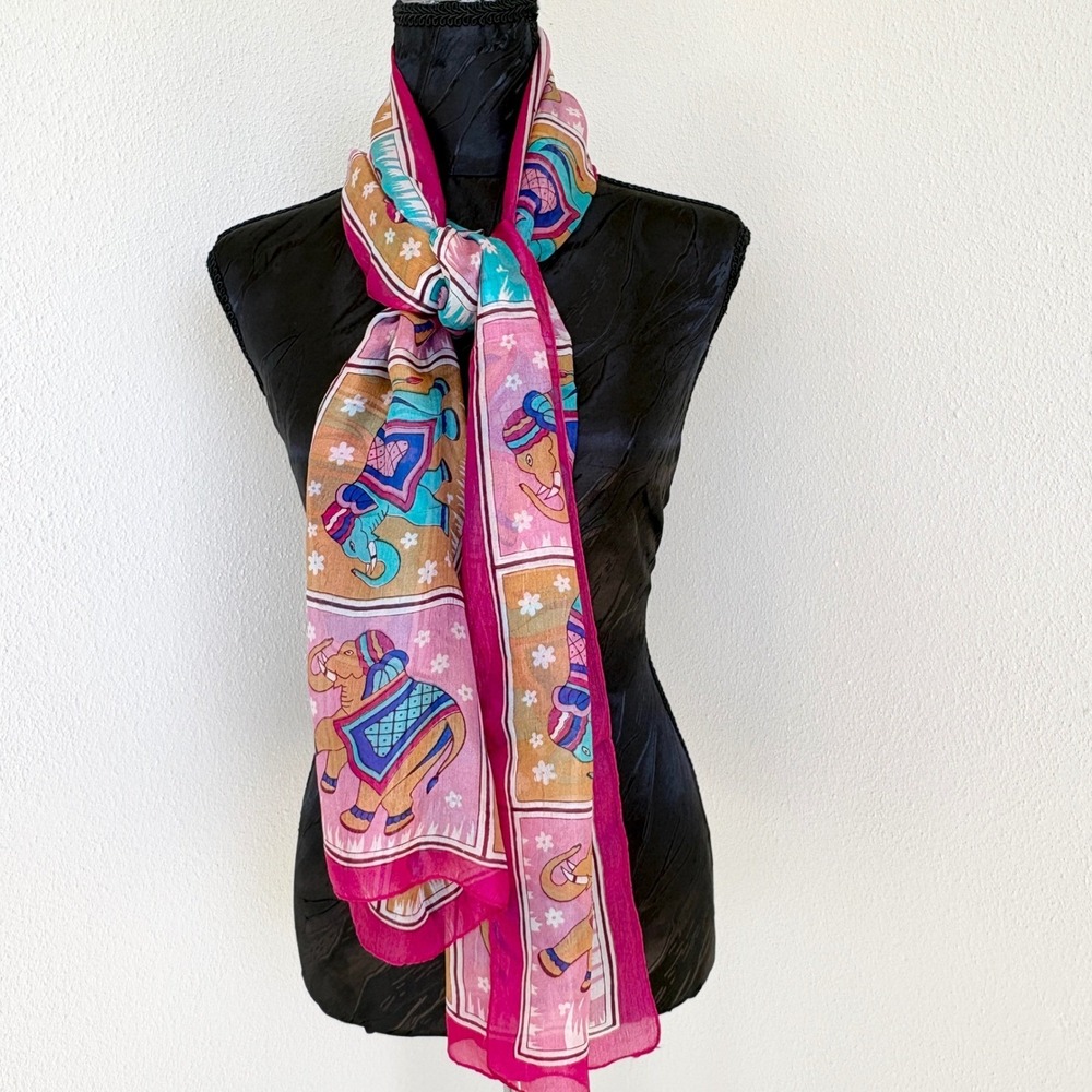 Unbranded Elephant Print Silk Scarf, Women OS Pink Multi